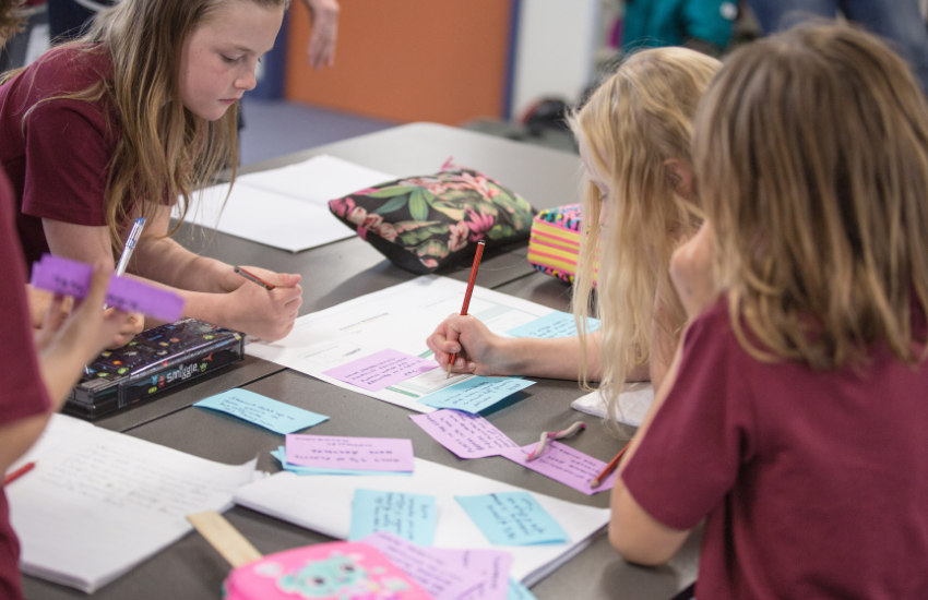 children in uniform brainstorming in a group using coloured post-it notes and A3 paper.