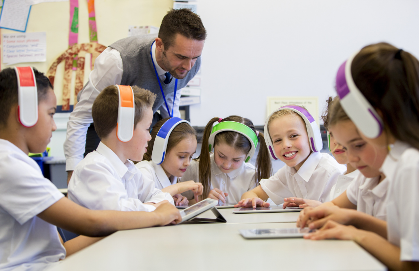 Students wearing headphones