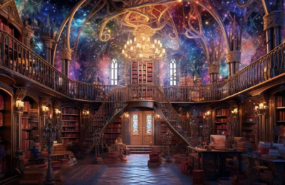 A galaxy-themed library