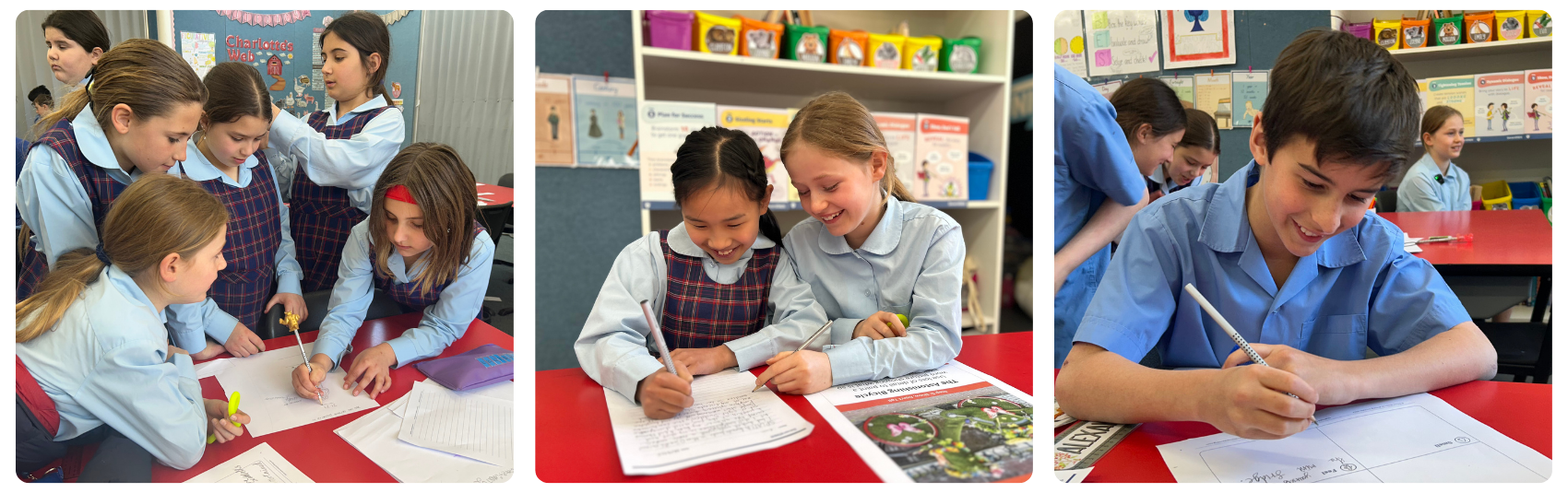 Students collaborating and writing in a classroom.