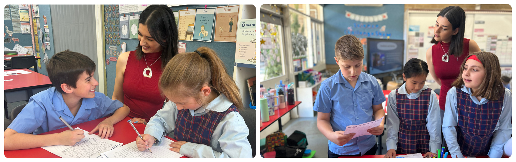 Teacher helping students with their writing.