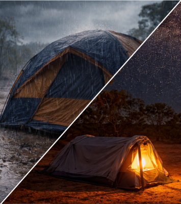 Tent in heavy rain and a tent under a starry sky.